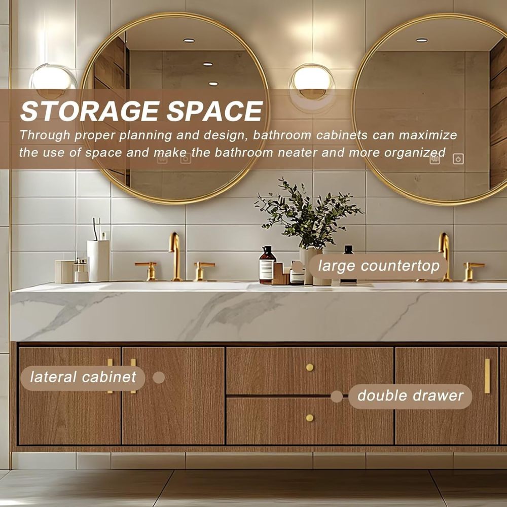 Bathroom Vanity - Floating Bathroom Vanity with Double Sinks Includes Natural Wood Texture Cabinets|Modern Log Style,Round Smart Round Mirror(72IN)
