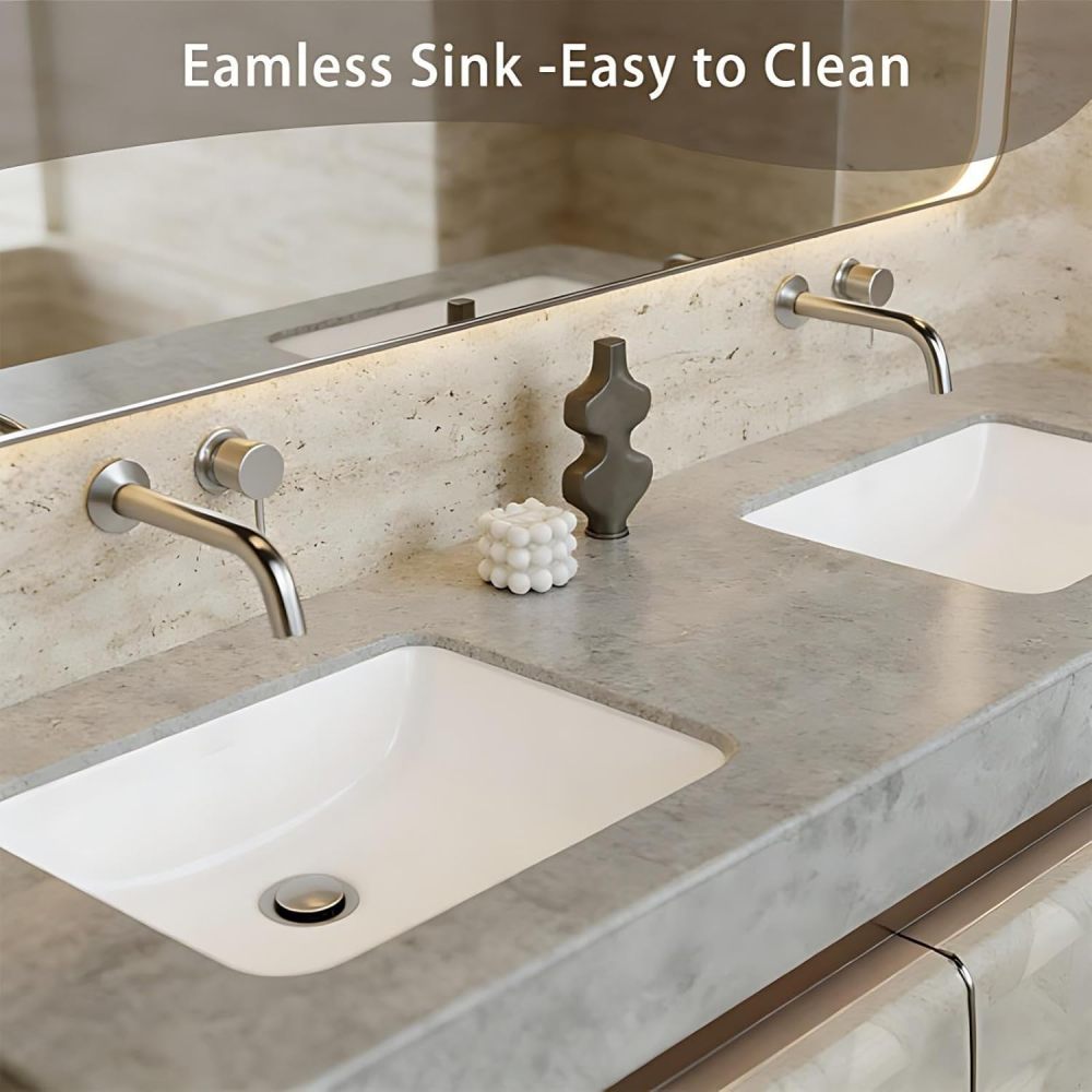 56IN Double Sink Bathroom Vanity - Luxury Bathroom Vanity with Smart Defog Mirror, One-Touch Defog & Lighting, Floating Sink Cabinet with 2 Drawers, No Assembly Required, Off-White
