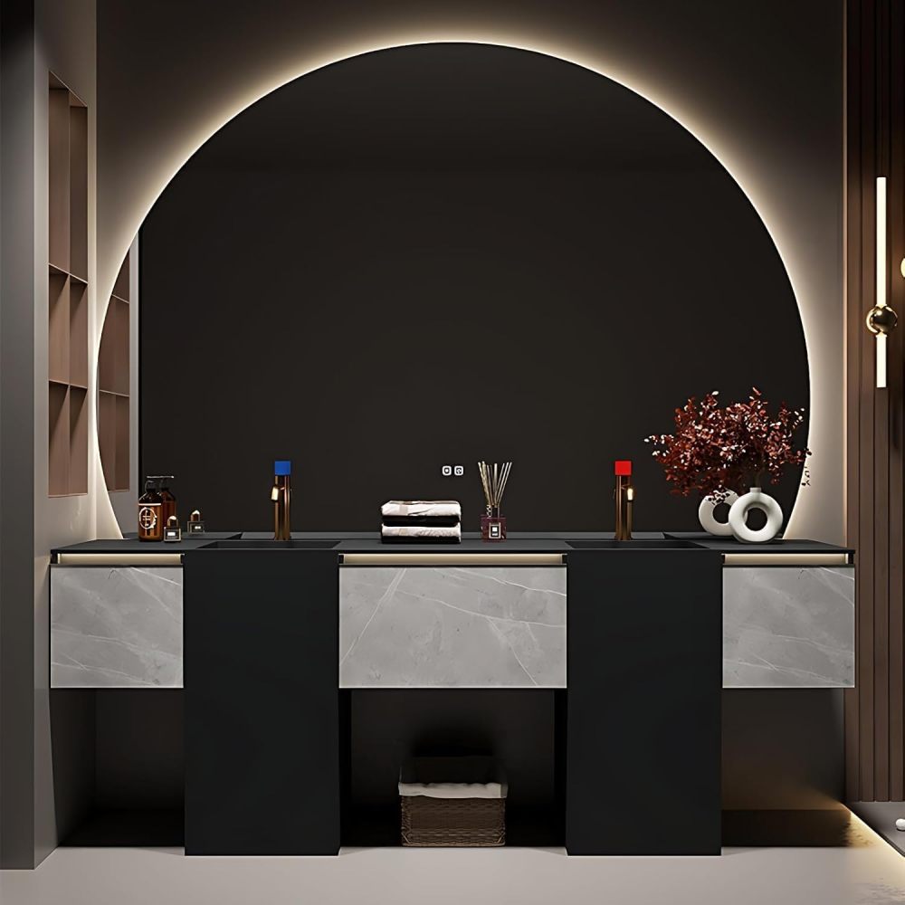 62IN Double Sink Bathroom Vanity - Modern Bathroom Vanity with Smart Defog Mirror, One-Touch Defog & Lighting, Stylish Sink Cabinet with 3 Drawers, No Assembly Required,Black