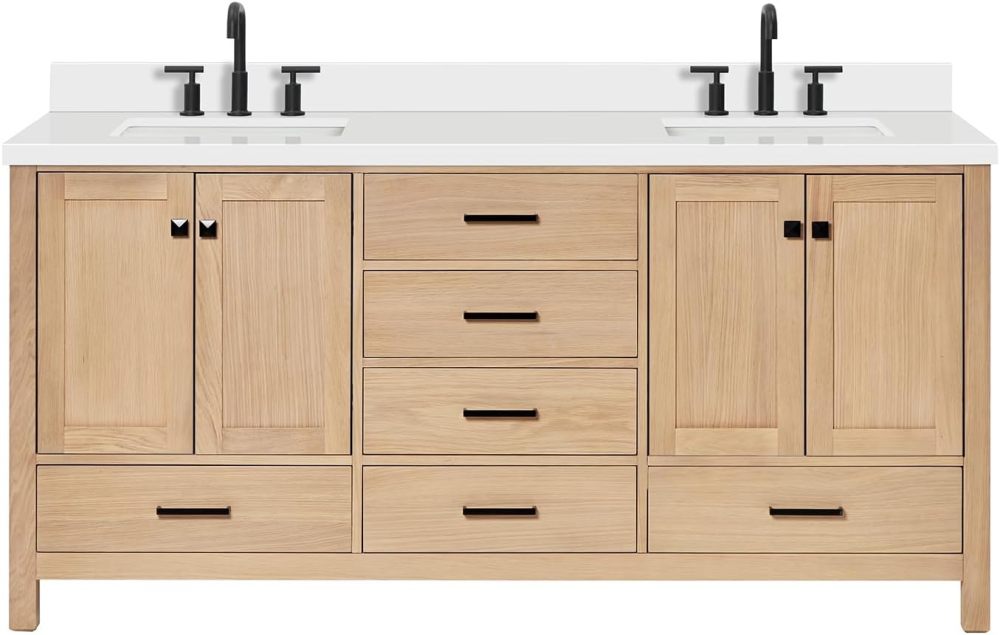 ARIEL Double Bathroom Vanity 73 inch White Oak with Rectangle Sink, 1.5 inch Edge Pure White Quartz Countertop & Backsplash, 4 Soft Closing Doors, 6 Full Extension Dovetail Drawers, Matte Black