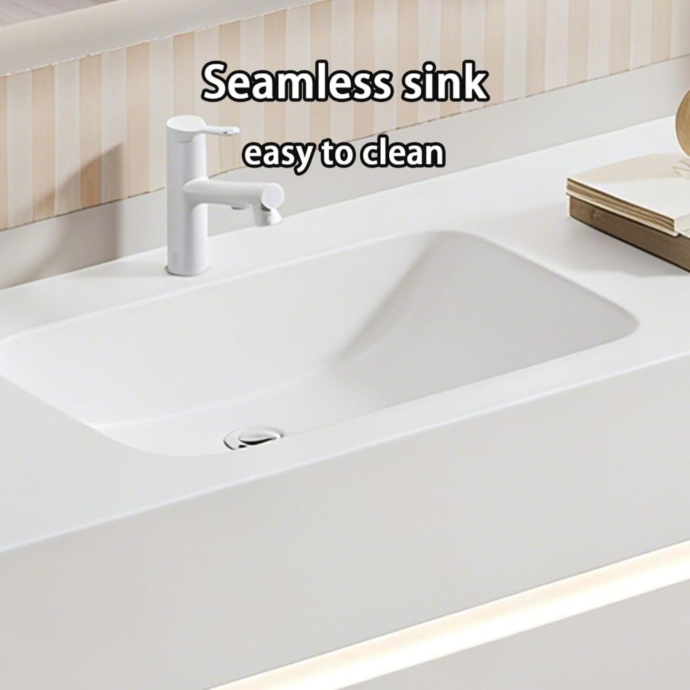 98IN Bathroom Vanity - Modern Bathroom Vanity with Anti-Fog Mirror Cabinet, One-Touch Defog & Lighting, Floating Sink Cabinet with 6 Drawers, No Assembly Required, Khaki