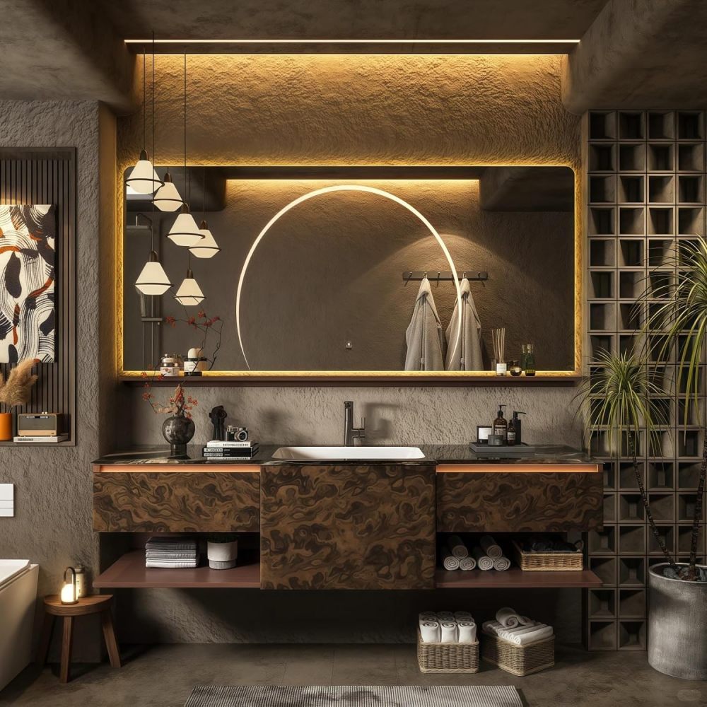 92" Bathroom Vanity with Sink - Luxury Bathroom Vanities Featuring Smart Anti-Fog Mirror, Multi-Layer Solid Wood Bathroom Storage Cabinet, Large Capacity Floating Vanity Set,Wood Grain Color
