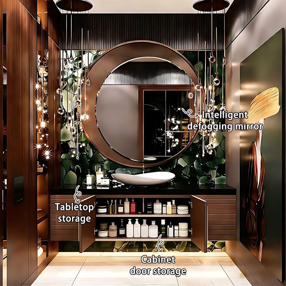 54IN Bathroom Vanity with Sink - Luxury Bathroom Vanity with Smart Defog Mirror, One-Touch Defog & Lighting, Modern Sink Cabinet with Storage Areas, No Assembly Required, Brown Mirror