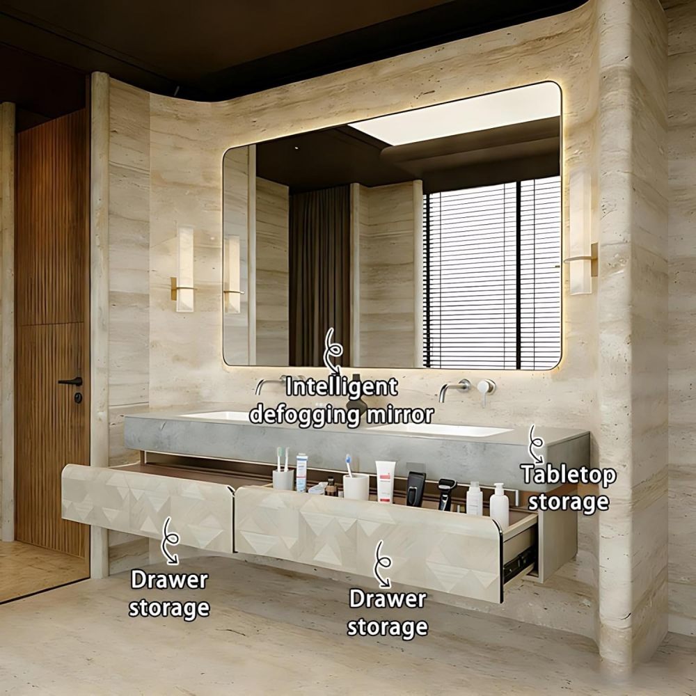 56IN Double Sink Bathroom Vanity - Luxury Bathroom Vanity with Smart Defog Mirror, One-Touch Defog & Lighting, Floating Sink Cabinet with 2 Drawers, No Assembly Required, Off-White