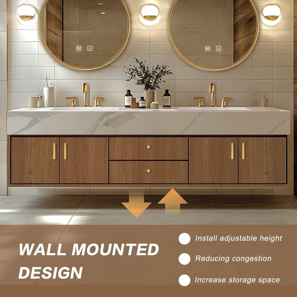 Bathroom Vanity - Floating Bathroom Vanity with Double Sinks Includes Natural Wood Texture Cabinets|Modern Log Style,Round Smart Round Mirror(72IN)