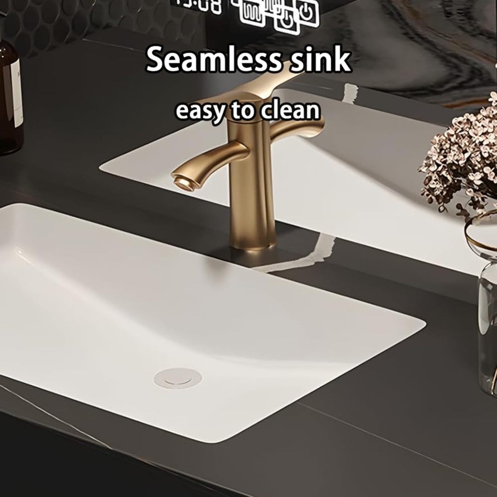 102IN Double Sink Bathroom Vanity - Luxury Bathroom Vanity with Smart Defog Mirror & 2 Drawers, One-Touch Defog, Floating Sink Cabinet with Storage, No Assembly Required, Black