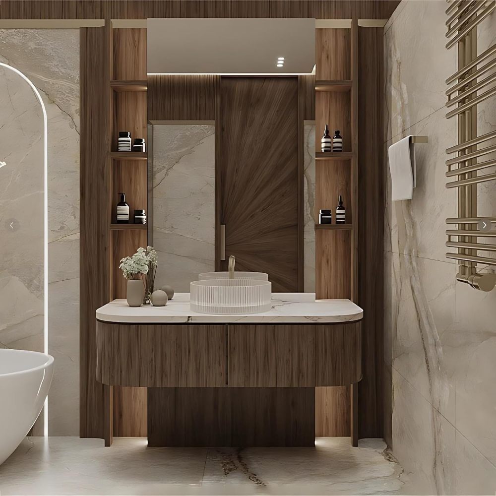 68IN Bathroom Vanity - Solid Wood Bathroom Vanity with Smart Defog Mirror, Floating Sink Cabinet with 2 Drawers & Seamless Sink, No Assembly Required, Wood Mirror