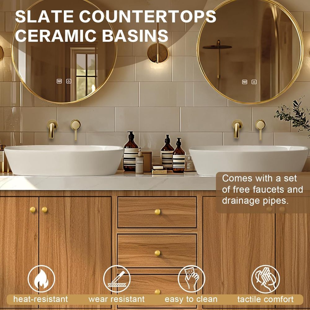 Bathroom Vanity - Modern Bathroom Vanity with Double Sinks Includes Solid Wood Cabinet & Round Mirror|American Country Style,Large Storage Space(80IN)