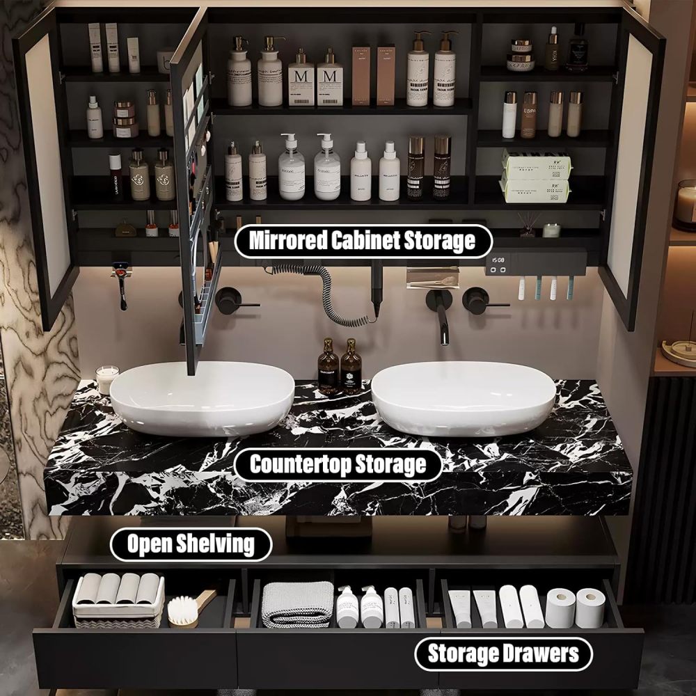 54IN Double Bathroom Vanity with Sink - Floating Bathroom Vanity Set | Includes LED Smart Defogging Mirror Cabinet & 2 Tabletop Ceramic Watercolor Stands | Multi-Layer Solid Wood Material