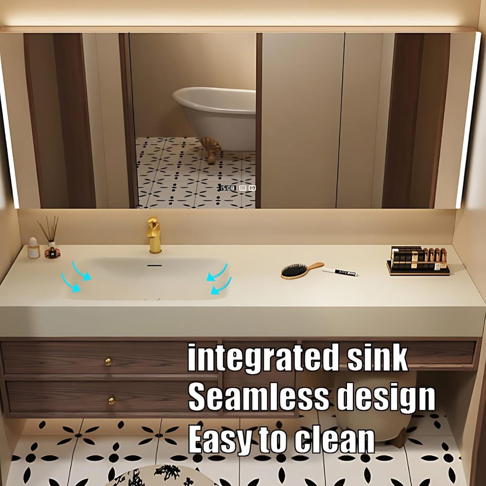Bathroom Vanity with Sink - Wall Mounted Bathroom Vanity Includes Smart LED Defog Mirror Cabinet, One-Touch defog, LED Lighting Mirror, Solid Wood Cabinet with Sink (White, 60IN)