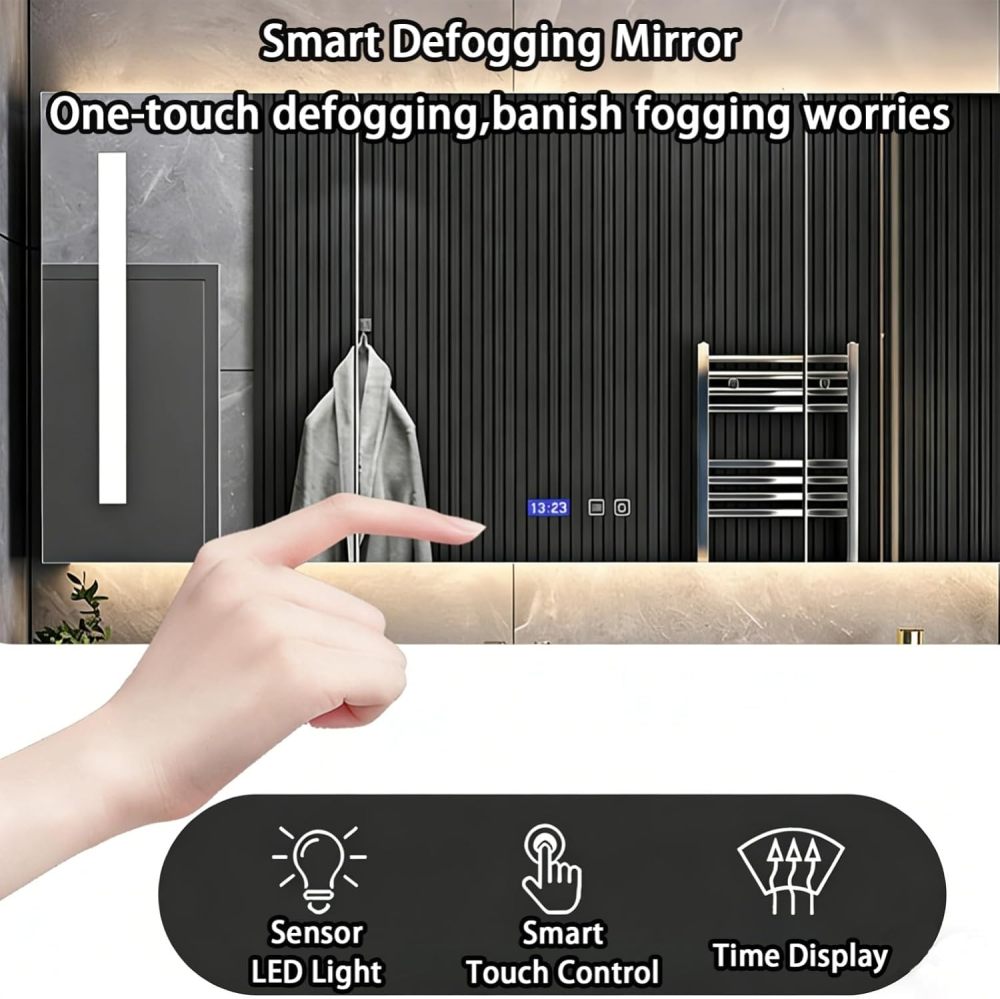 66IN Bathroom Vanity - Solid Wood Bathroom Vanity with Anti-Fog Mirror Cabinet, One-Touch Defog & Lighting, Floating Sink Cabinet with Drawers & Door, No Assembly Required, Grey
