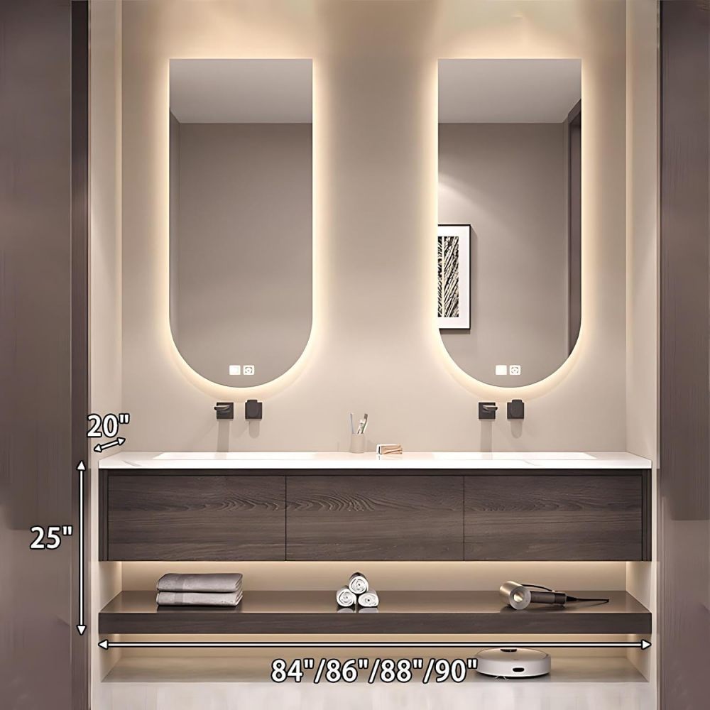 90IN Double Sink Bathroom Vanity - Solid Wood Bathroom Vanity with Smart Defog Mirror, One-Touch Defog & Lighting, Floating Sink Cabinet with Multiple Storage Areas, No Assembly Required