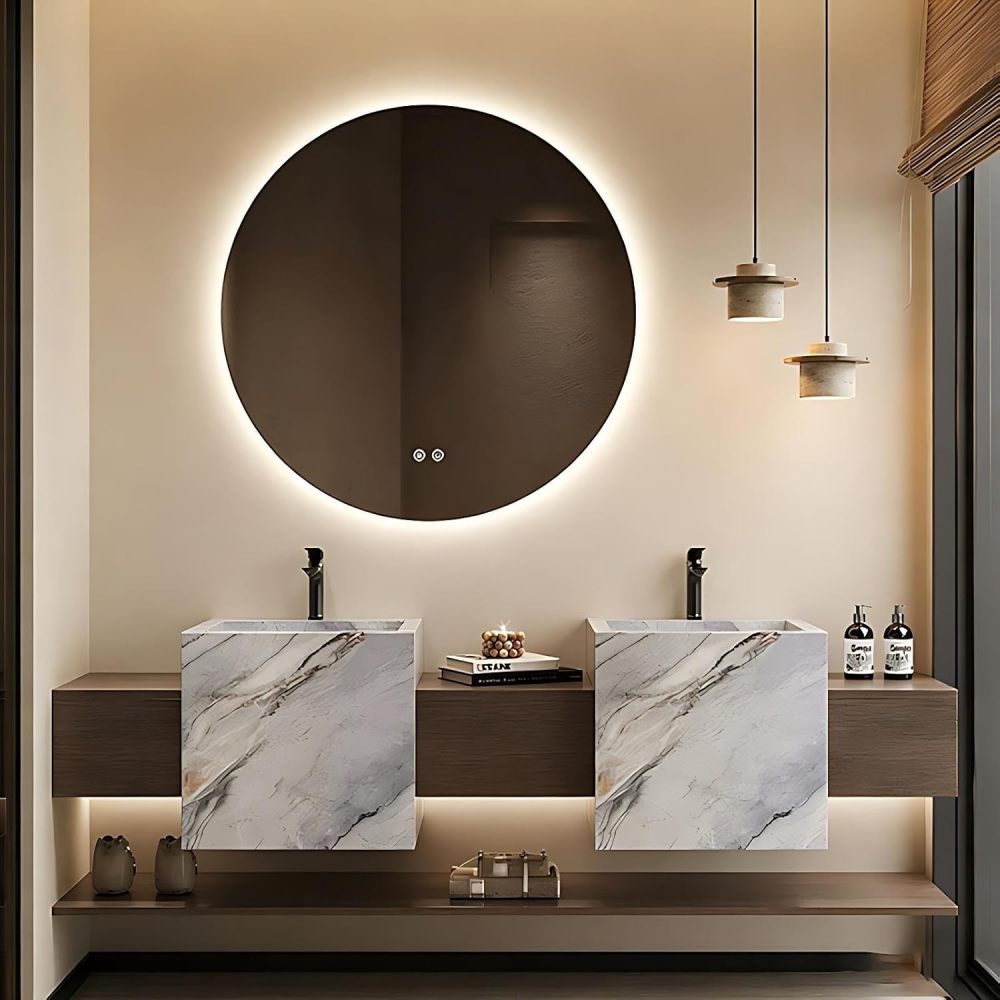 68IN Double Sink Bathroom Vanity - Modern Bathroom Vanity with Smart Defog Mirror, Floating Sink Cabinet with 3 Drawers, Complete Accessories, No Assembly Required, Grey - Mirror