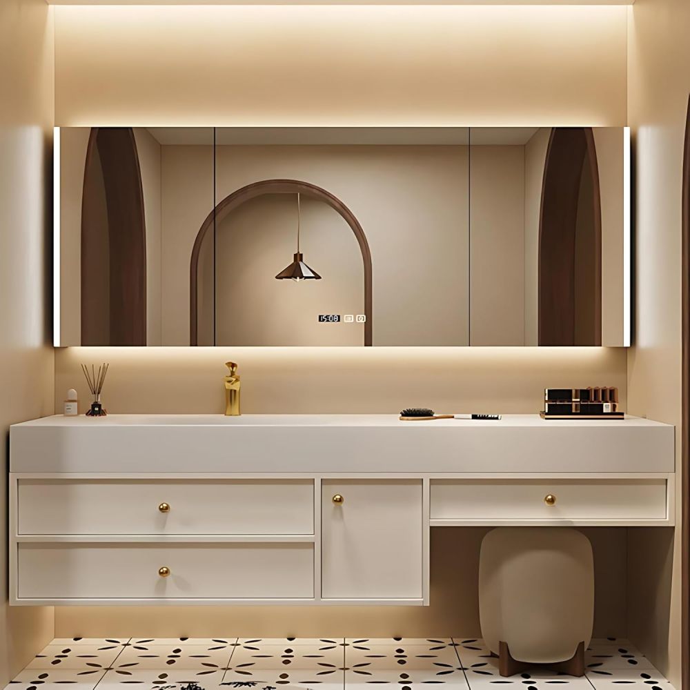 Bathroom Vanity with Sink - Wall Mounted Bathroom Vanity Includes Smart LED Defog Mirror Cabinet, One-Touch defog, LED Lighting Mirror, Solid Wood Cabinet with Sink (White, 60IN)