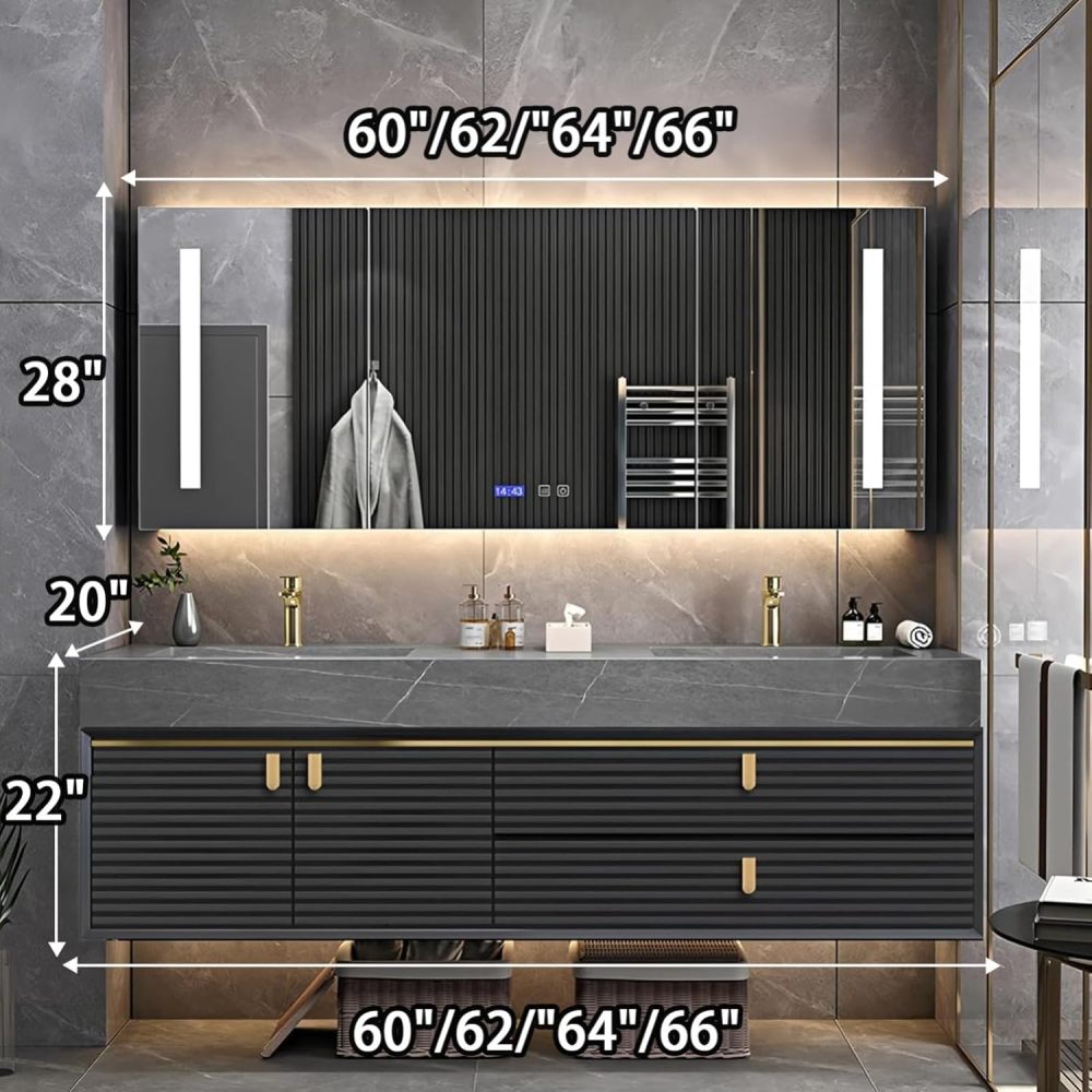 66IN Bathroom Vanity - Solid Wood Bathroom Vanity with Anti-Fog Mirror Cabinet, One-Touch Defog & Lighting, Floating Sink Cabinet with Drawers & Door, No Assembly Required, Grey