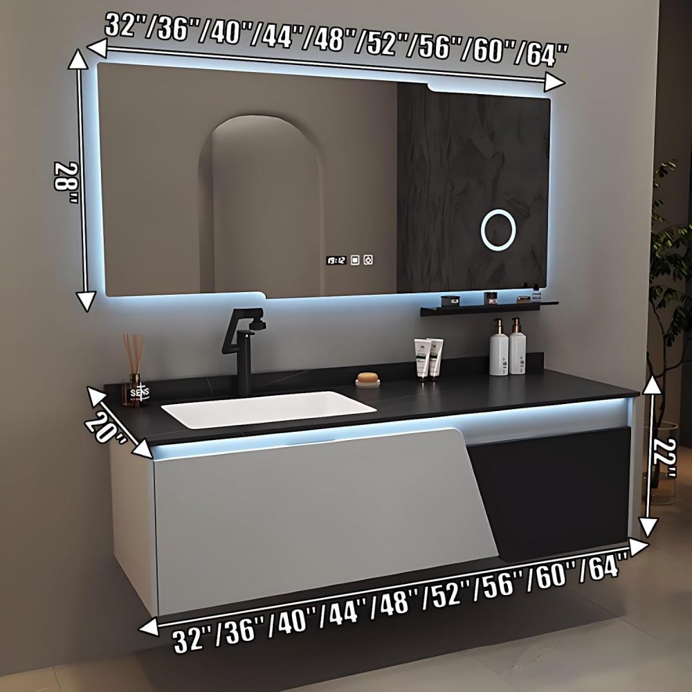 Modern Wall Mounted Bathroom Vanity Set with Sink – Floating Bathroom Vanity Cabinet with LED Anti-Fog Mirror, Sensor Light, 2 Drawers, Cabinet with Sink (32IN)