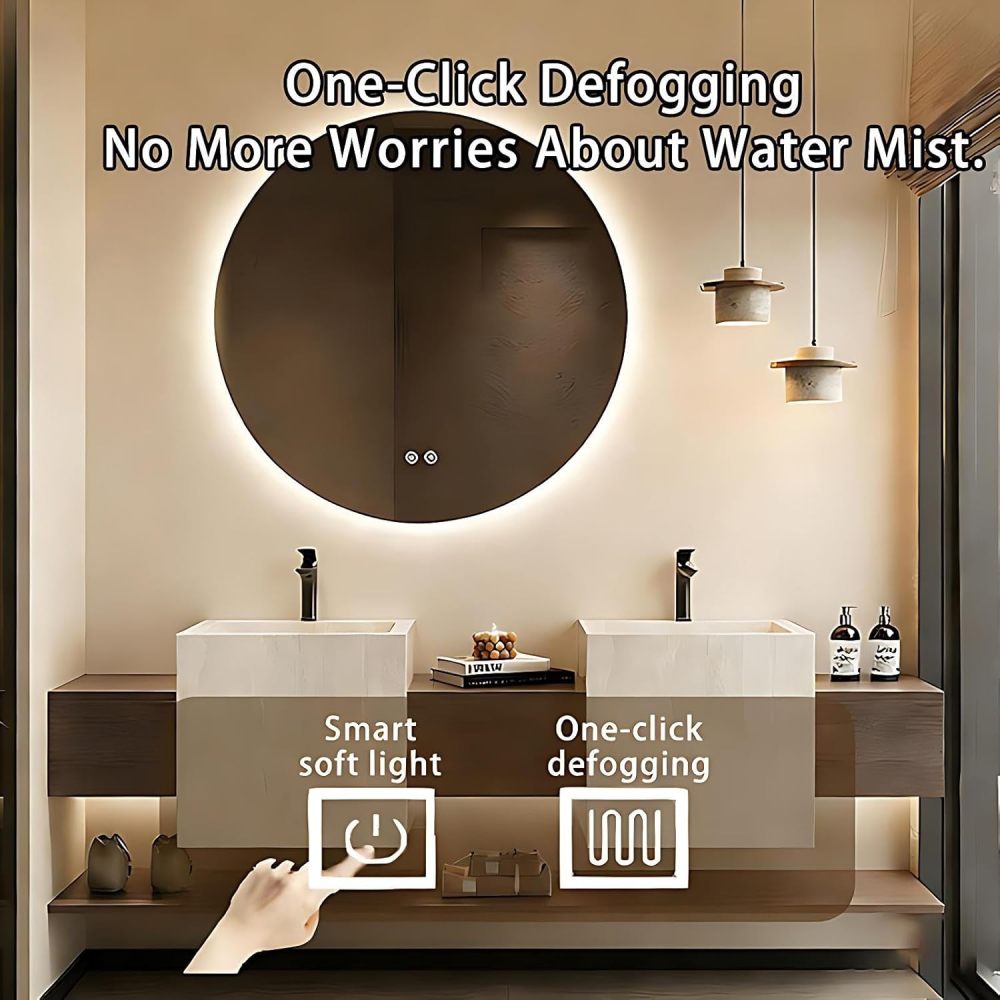 68IN Double Sink Bathroom Vanity - Modern Bathroom Vanity with Smart Defog Mirror, Floating Sink Cabinet with 3 Drawers, Complete Accessories, No Assembly Required, Grey - Mirror