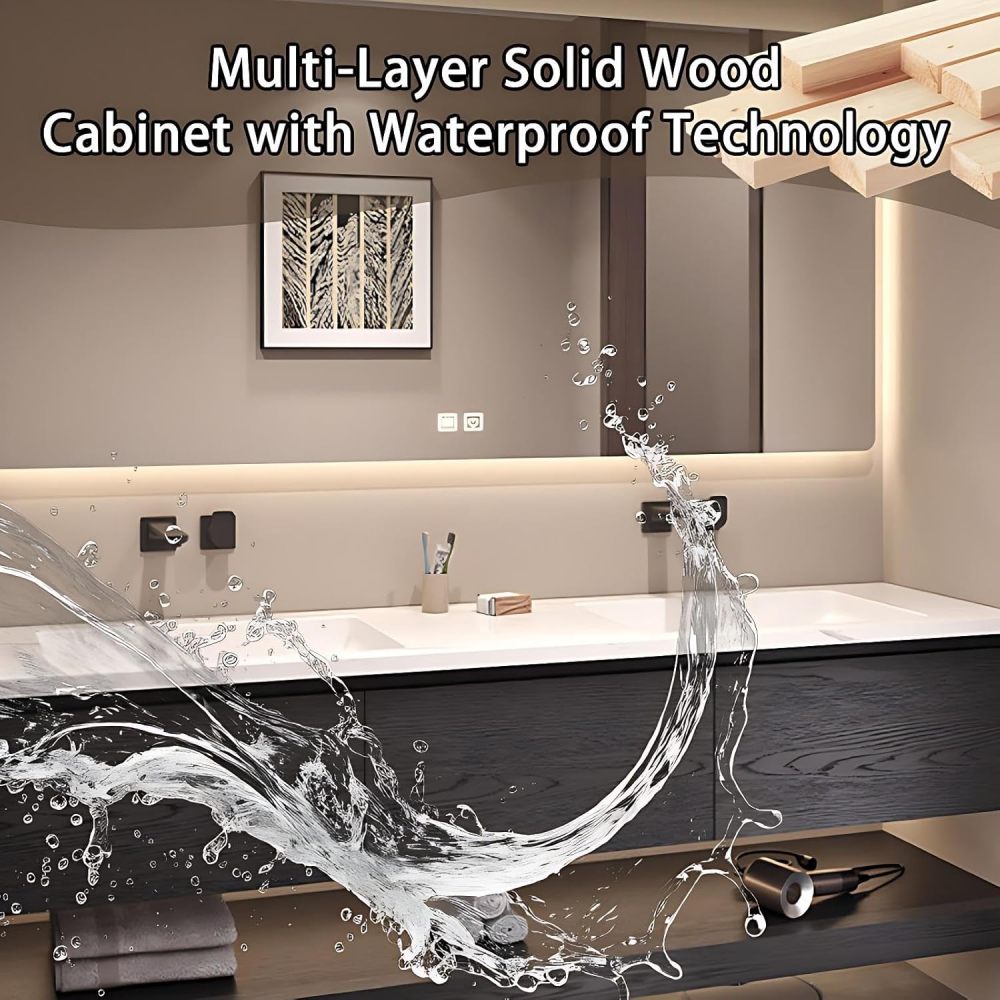 90IN Double Sink Bathroom Vanity - Solid Wood Bathroom Vanity with Smart Defog Mirror, One-Touch Defog & Lighting, Floating Sink Cabinet with Multiple Storage Areas, No Assembly Required