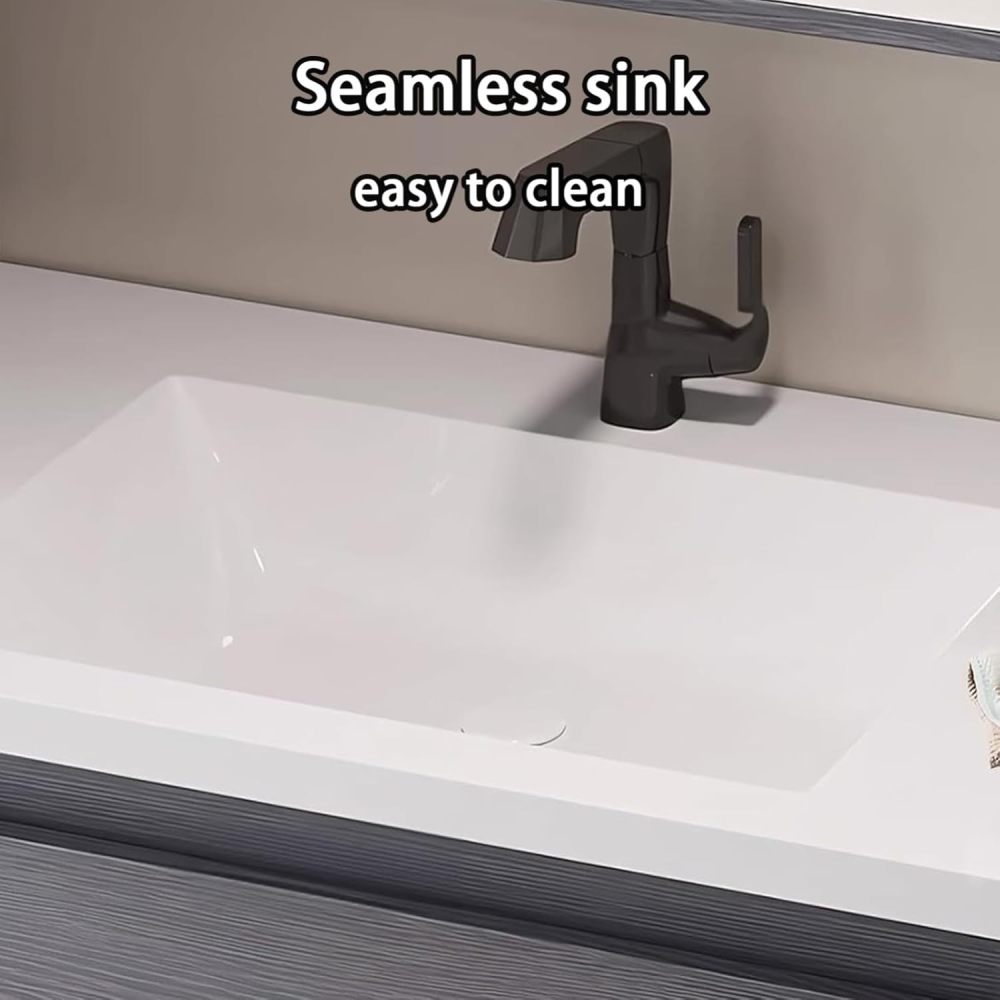 76IN Bathroom Vanity - Modern Bathroom Vanity with Anti-Fog Mirror Cabinet, One-Touch Defog & Lighting, Floating Sink Cabinet with Storage & Seamless Sink, No Assembly Required, Gray