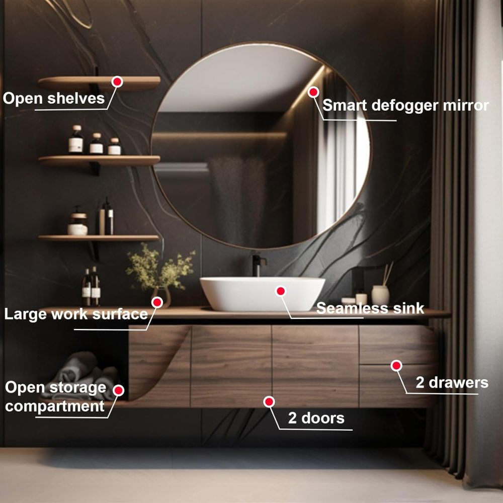 Bathroom Vanity with Sink - Floating Bathroom Vanity with Smart Anti Fog Mirror, Elegant Sink Cabinet with Multifunctional Storage, Complete Accessories (74IN,Sintered Stone)