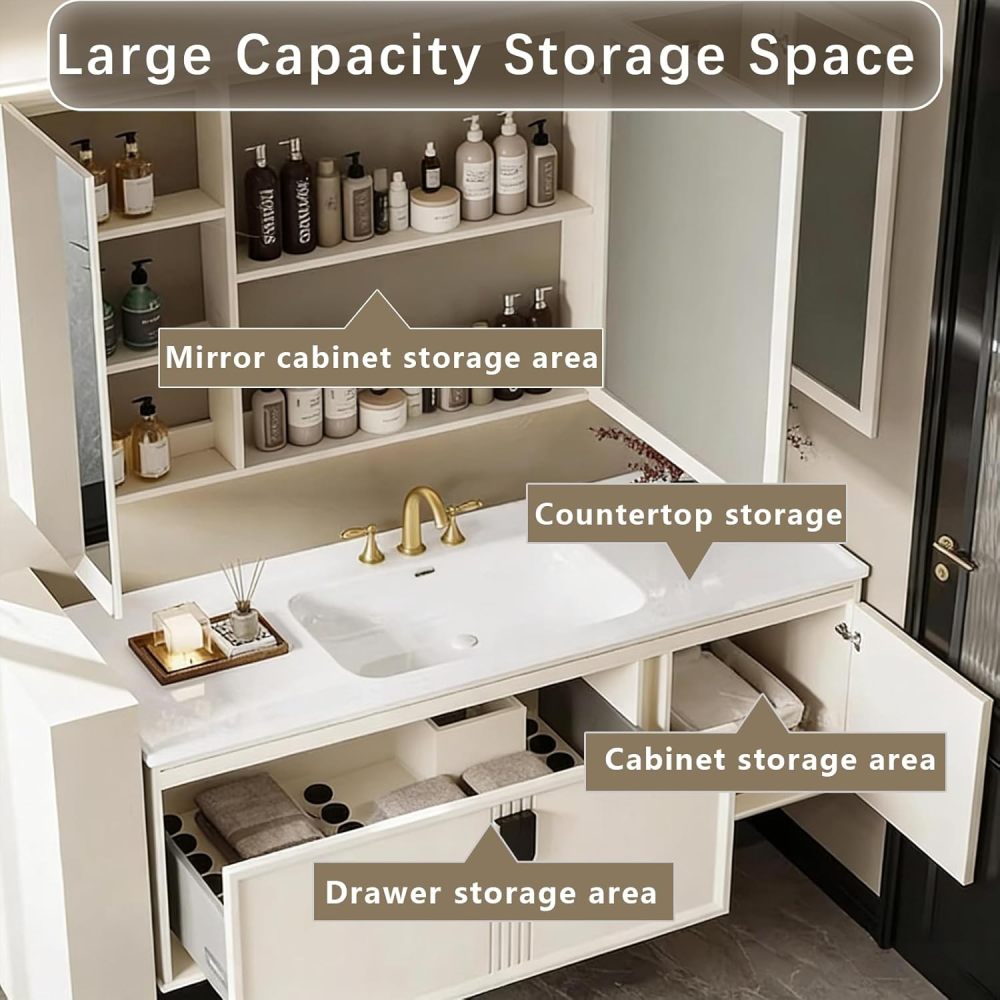 82IN Bathroom Vanity - Floating Bathroom Vanity with Smart Defog Mirror, Solid Wood Sink with Seamless Sink & Multiple Storage Areas, Complete Accessories, No Assembly Required