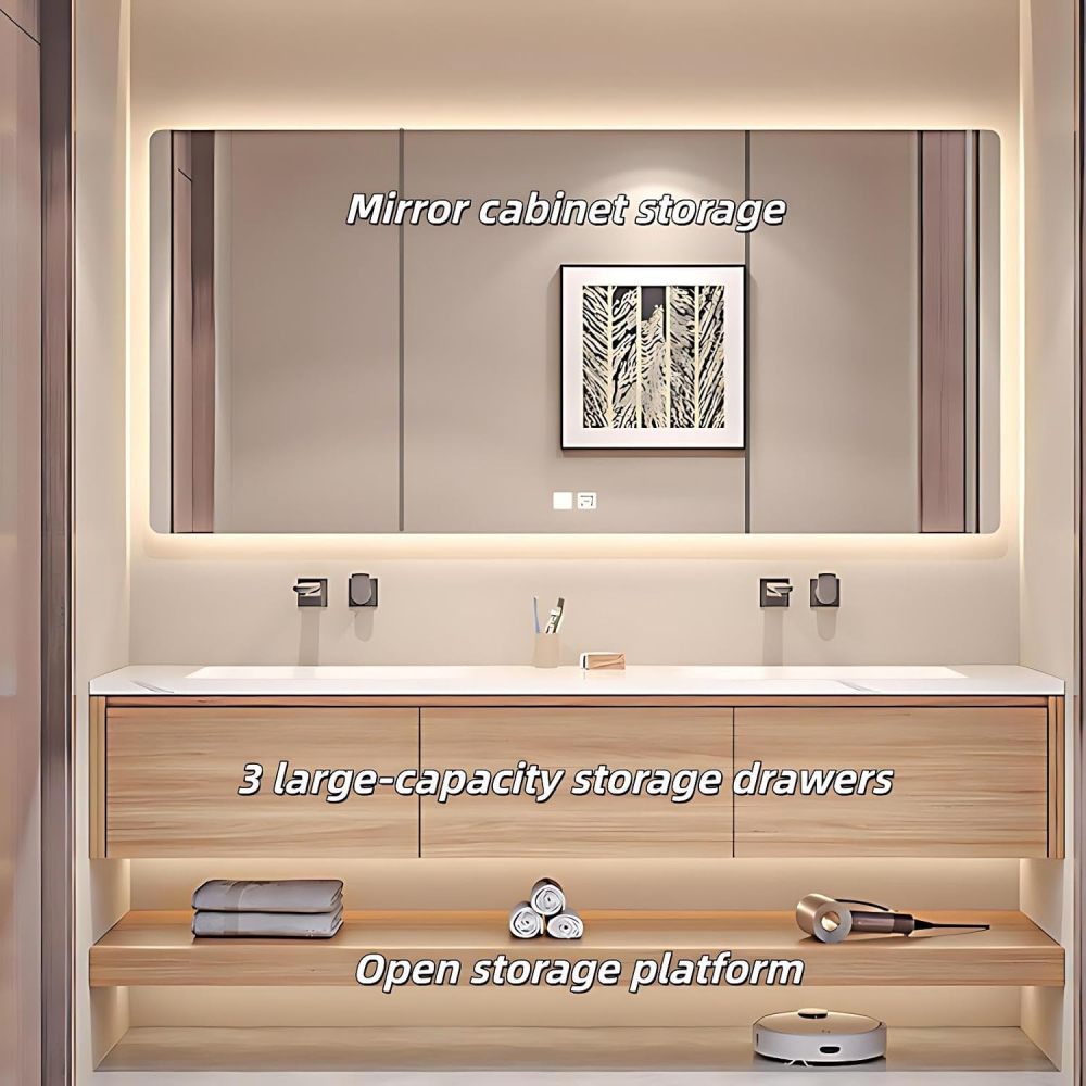 90IN Double Sink Bathroom Vanity - Solid Wood Bathroom Vanity with Smart Defog Mirror, One-Touch Defog & Lighting, Floating Sink Cabinet with Multiple Storage Areas, No Assembly Required