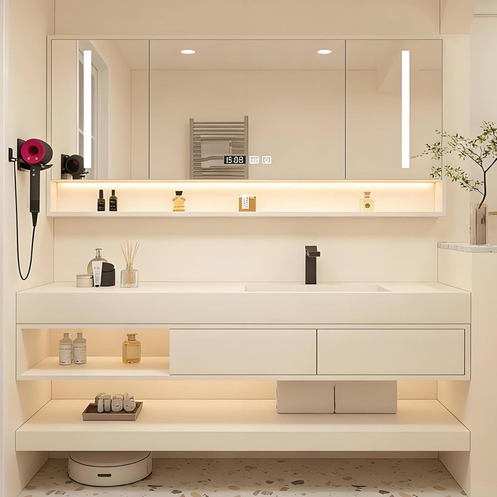 74IN Bathroom Vanity - Modern Bathroom Vanity with Seamless Sink & Smart Defog Mirror, Floating Sink Cabinet with Drawer & Open Storage Area, No Assembly Required