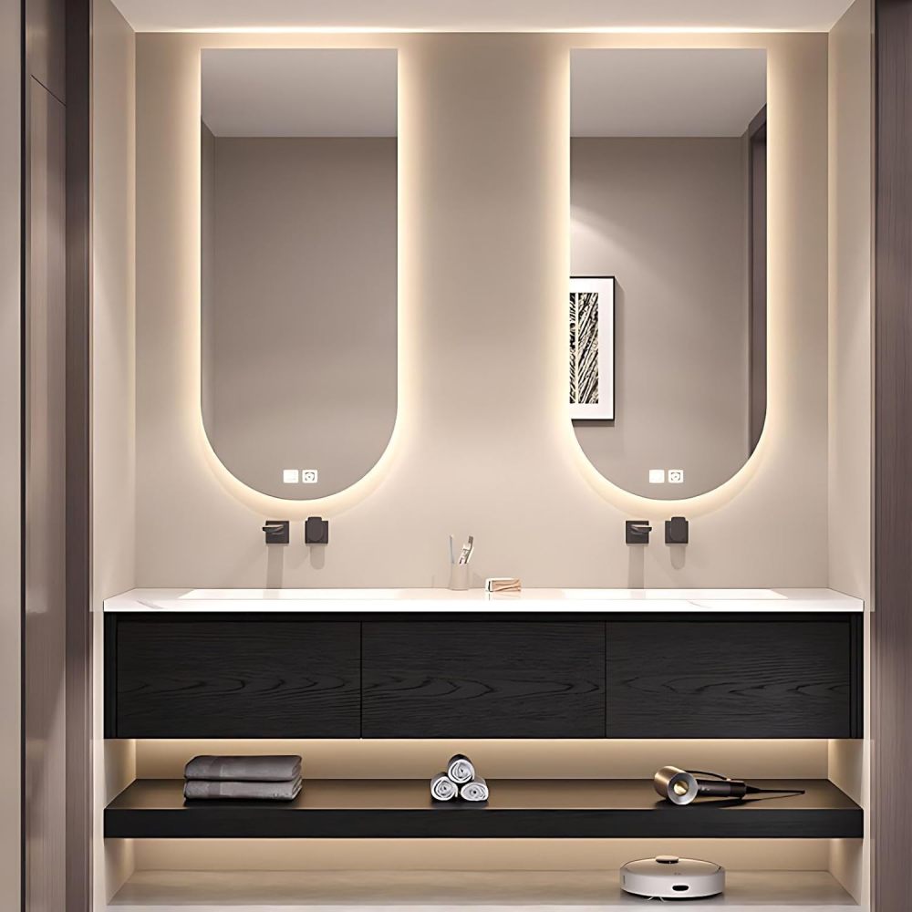 90IN Double Sink Bathroom Vanity - Solid Wood Bathroom Vanity with Smart Defog Mirror, One-Touch Defog & Lighting, Floating Sink Cabinet with Multiple Storage Areas, No Assembly Required