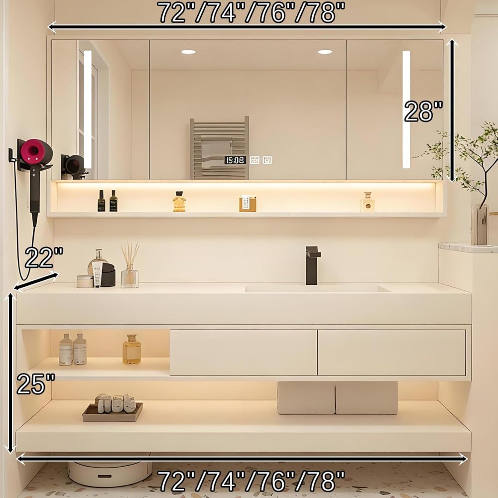 74IN Bathroom Vanity - Modern Bathroom Vanity with Seamless Sink & Smart Defog Mirror, Floating Sink Cabinet with Drawer & Open Storage Area, No Assembly Required