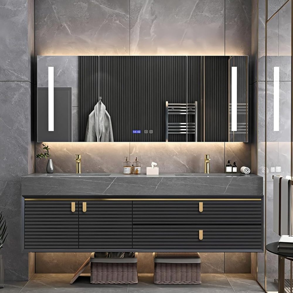 66IN Bathroom Vanity - Solid Wood Bathroom Vanity with Anti-Fog Mirror Cabinet, One-Touch Defog & Lighting, Floating Sink Cabinet with Drawers & Door, No Assembly Required, Grey