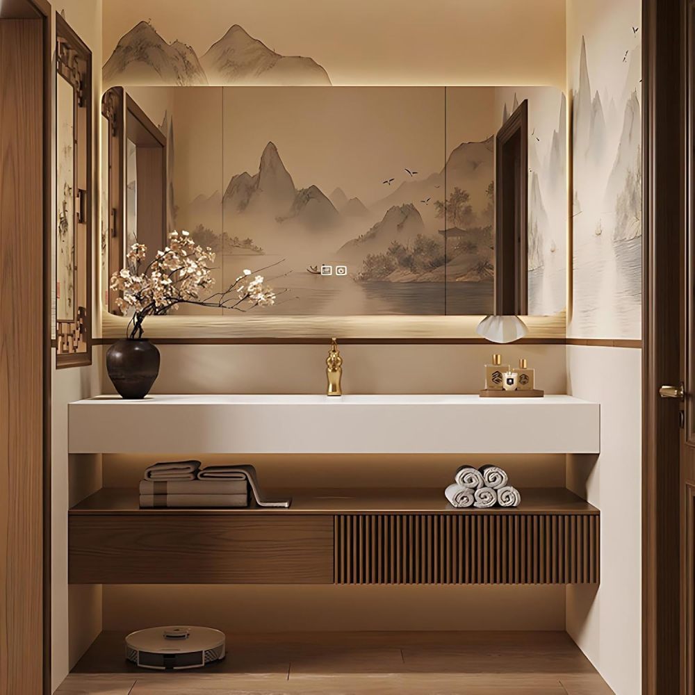 36IN Bathroom Vanity - Solid Wood Bathroom Vanity with Smart Defog Mirror, Floating Sink Cabinet with 2 Large Capacity Drawers, Complete Accessories, No Assembly Required, Mirror Cabinet