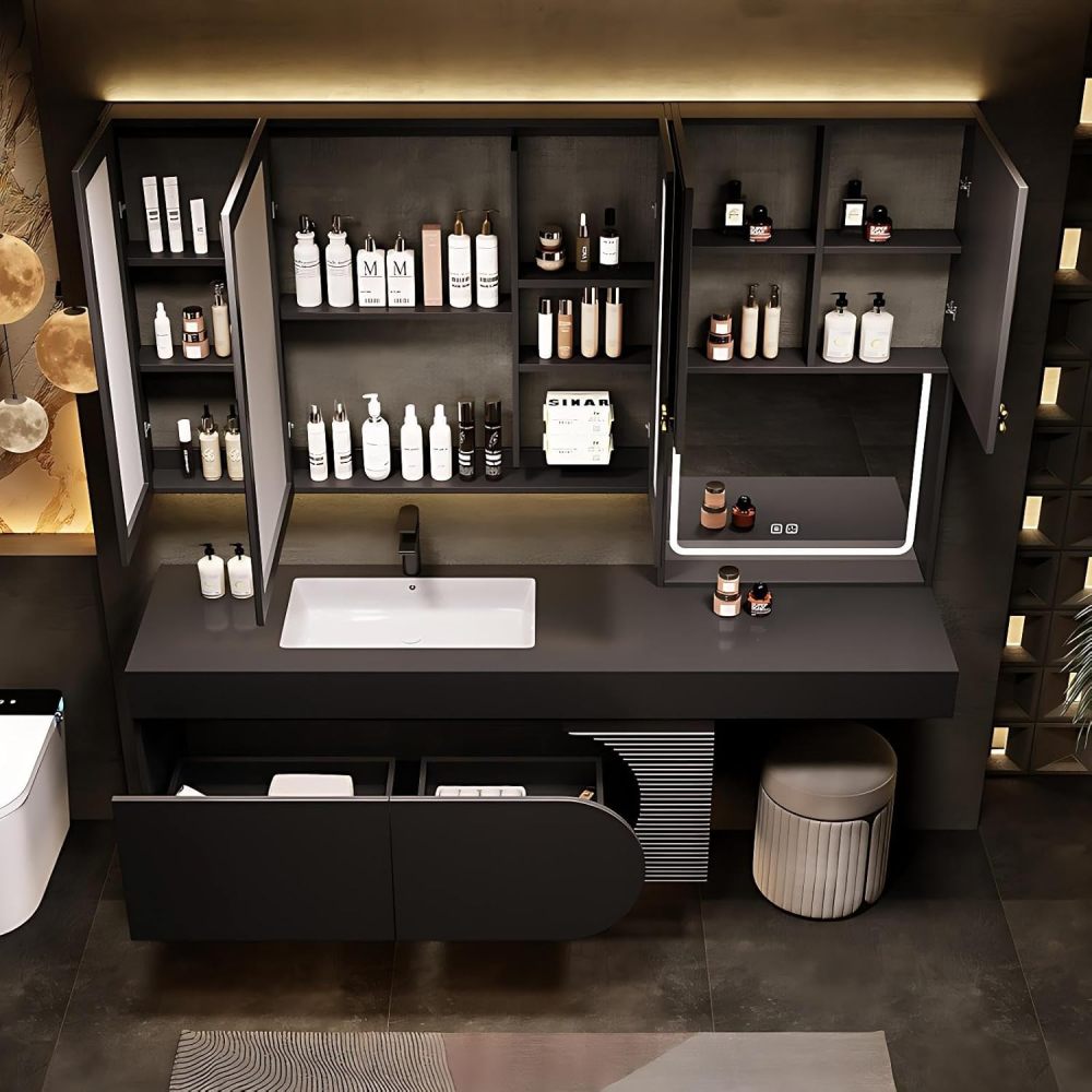 Modern Luxury Bathroom Vanity - with Sink and Anti-Fog Mirror | Modern Bathroom Vanity Cabinet | with Seamless Basin | Separate Vanity Area | Smart Sensor Lighting(Round Mirror,60 in)