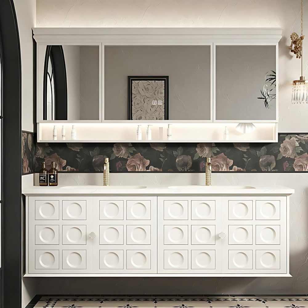 Modern Luxury Bathroom Vanity - with Sink and Anti-Fog Mirror | Textured Moisture-Resistant Cabinet | Seamless Ceramic Sink | Soft Close Drawers | Multi-Layer Solid Wood(White,64 in)