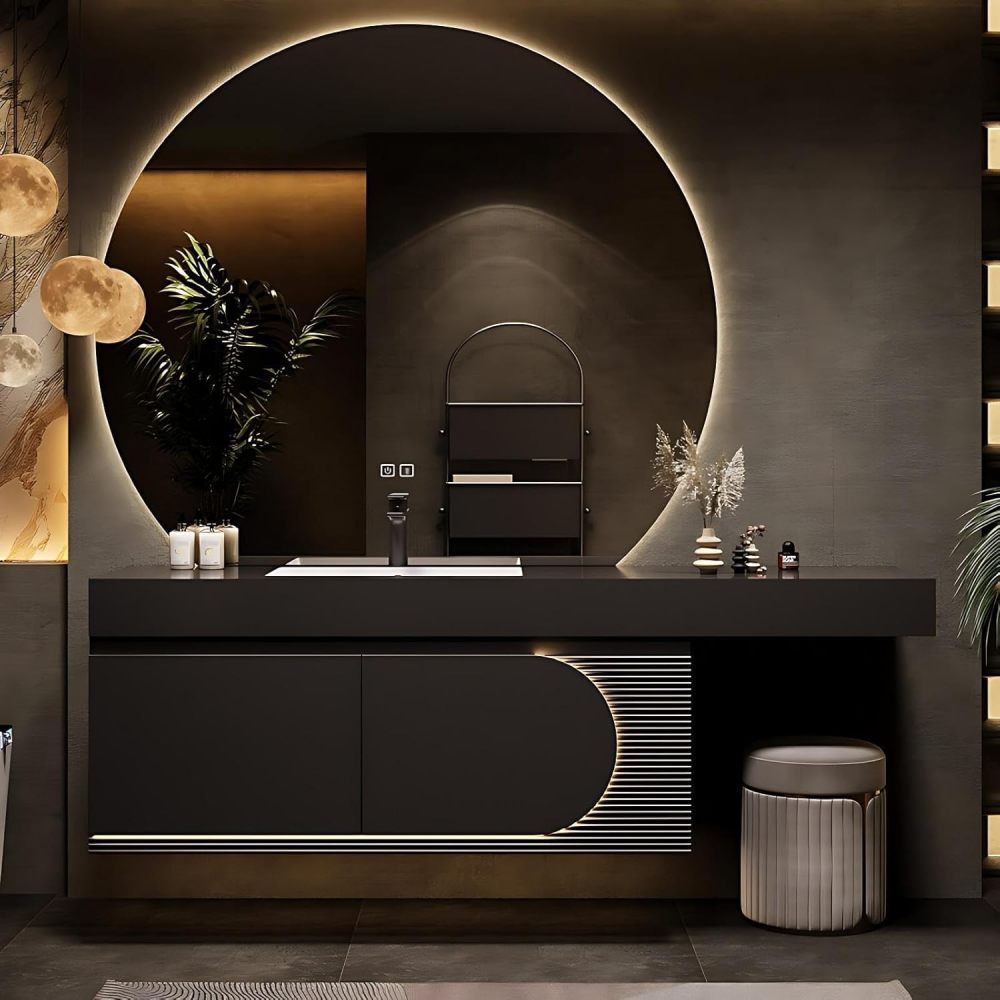 Modern Luxury Bathroom Vanity - with Sink and Anti-Fog Mirror | Modern Bathroom Vanity Cabinet | with Seamless Basin | Separate Vanity Area | Smart Sensor Lighting(Round Mirror,60 in)