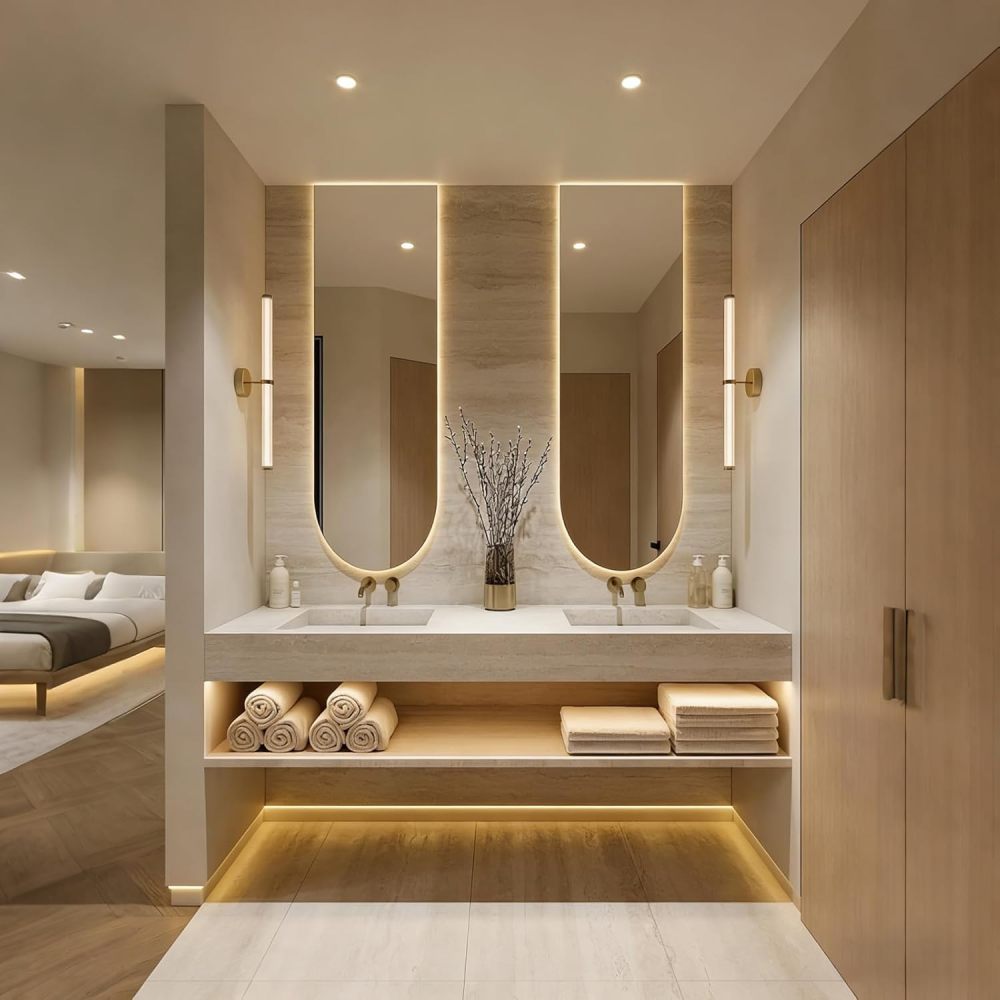 Brown 104IN Double Bathroom Vanity with Sink - Wall-Mounted Bathroom Vanity | Luxurious Design | Equipped with 2 LED Smart Defogging Mirror | Marble Countertop | Multi-Layer Solid Wood