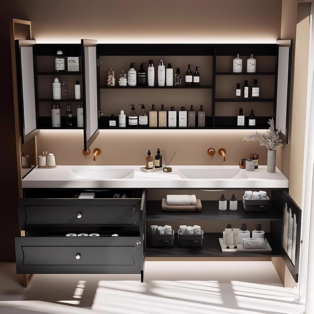 Modern Bathroom Vanity - with Sink and Anti-Fog Mirror | Solid Wood Bathroom Vanity Cabinet | Stylish Bathroom Vanity | Seamless Stone Ceramic Sink Hardware(Single Sink,76 in)
