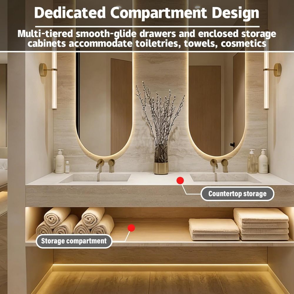 Brown 104IN Double Bathroom Vanity with Sink - Wall-Mounted Bathroom Vanity | Luxurious Design | Equipped with 2 LED Smart Defogging Mirror | Marble Countertop | Multi-Layer Solid Wood