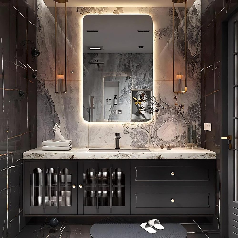 Modern Bathroom Vanity - with Sink and Anti-Fog Mirror | Solid Wood Bathroom Vanity Cabinet | Stylish Bathroom Vanity | Seamless Stone Ceramic Sink Hardware(Single Sink,76 in)