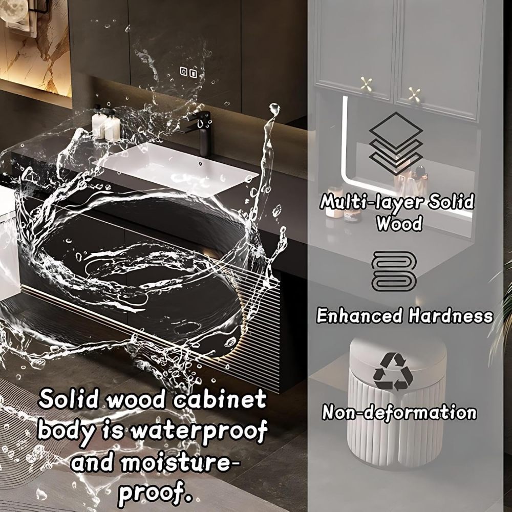 Modern Luxury Bathroom Vanity - with Sink and Anti-Fog Mirror | Modern Bathroom Vanity Cabinet | with Seamless Basin | Separate Vanity Area | Smart Sensor Lighting(Round Mirror,60 in)
