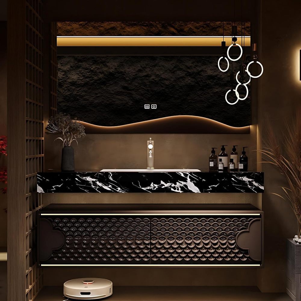 Modern Luxury Bathroom Vanity - with Sink and Anti-Fog Mirror | Sculpted Texture Cabinet | Seamless Stone Sink | Soft Close Drawers Hardware | Solid Wood(SMART Mirror-A,32 in)