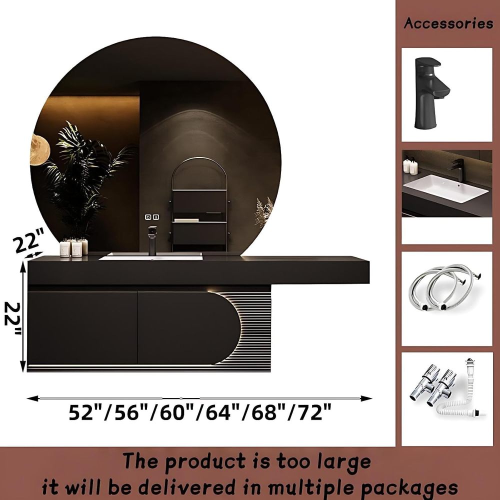 Modern Luxury Bathroom Vanity - with Sink and Anti-Fog Mirror | Modern Bathroom Vanity Cabinet | with Seamless Basin | Separate Vanity Area | Smart Sensor Lighting(Round Mirror,60 in)