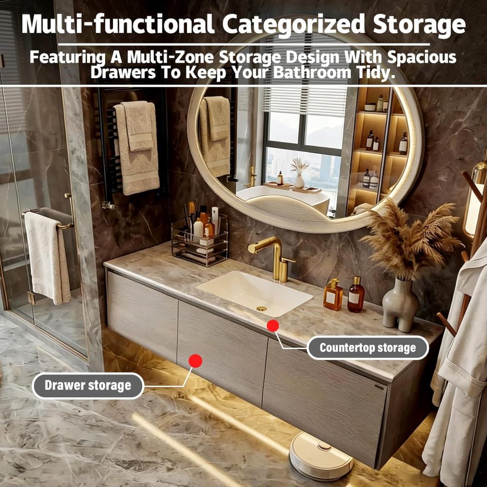 Gray 82IN Luxury Bathroom Vanity with Sink - Floating Bathroom Vanity Set | Includes LED Smart Defogging Mirror & Drawers | Marble Countertop | Oak Material