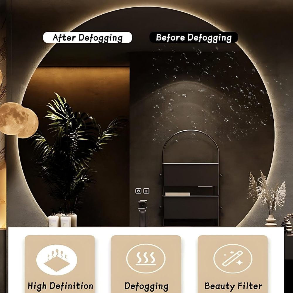 Modern Luxury Bathroom Vanity - with Sink and Anti-Fog Mirror | Modern Bathroom Vanity Cabinet | with Seamless Basin | Separate Vanity Area | Smart Sensor Lighting(Round Mirror,60 in)