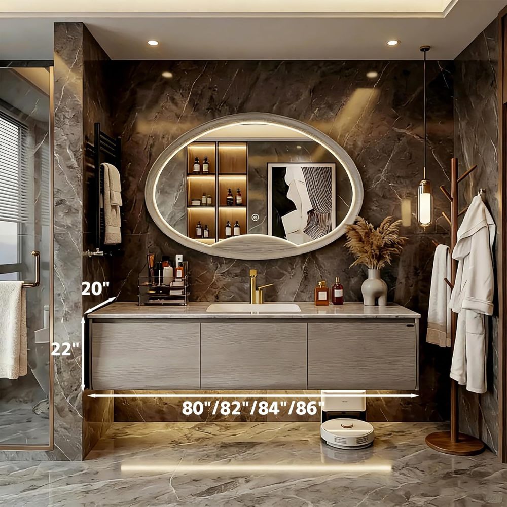Gray 82IN Luxury Bathroom Vanity with Sink - Floating Bathroom Vanity Set | Includes LED Smart Defogging Mirror & Drawers | Marble Countertop | Oak Material
