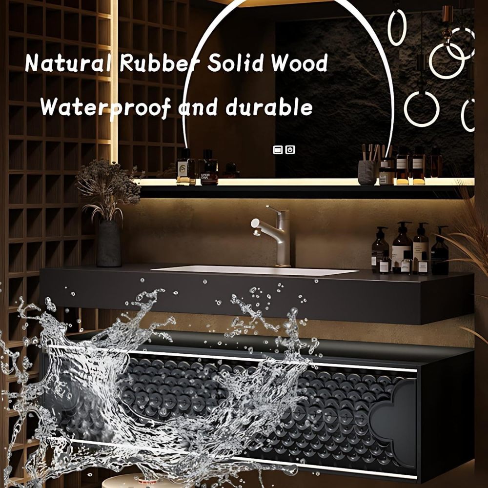 Modern Luxury Bathroom Vanity - with Sink and Anti-Fog Mirror | Sculpted Texture Cabinet | Seamless Stone Sink | Soft Close Drawers Hardware | Solid Wood(SMART Mirror-A,32 in)