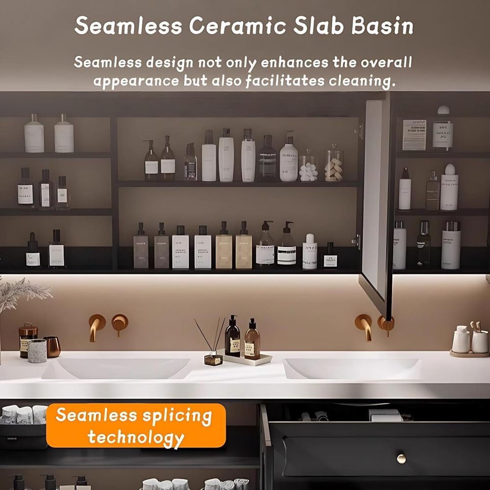 Modern Bathroom Vanity - with Sink and Anti-Fog Mirror | Solid Wood Bathroom Vanity Cabinet | Stylish Bathroom Vanity | Seamless Stone Ceramic Sink Hardware(Single Sink,76 in)
