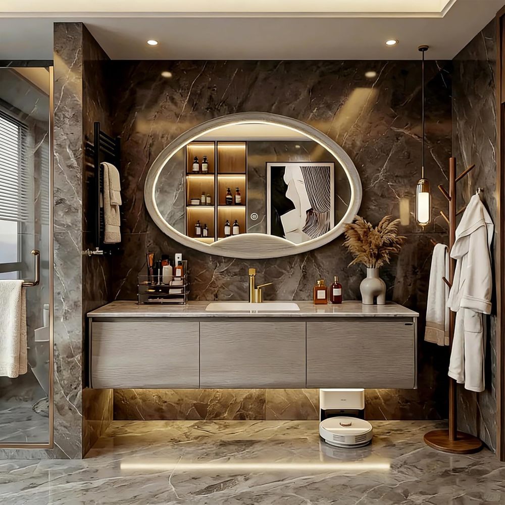 Gray 82IN Luxury Bathroom Vanity with Sink - Floating Bathroom Vanity Set | Includes LED Smart Defogging Mirror & Drawers | Marble Countertop | Oak Material