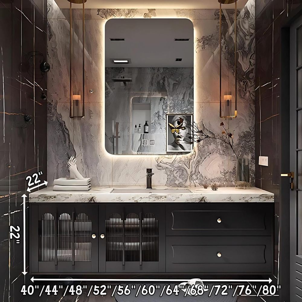 Modern Bathroom Vanity - with Sink and Anti-Fog Mirror | Solid Wood Bathroom Vanity Cabinet | Stylish Bathroom Vanity | Seamless Stone Ceramic Sink Hardware(Single Sink,76 in)