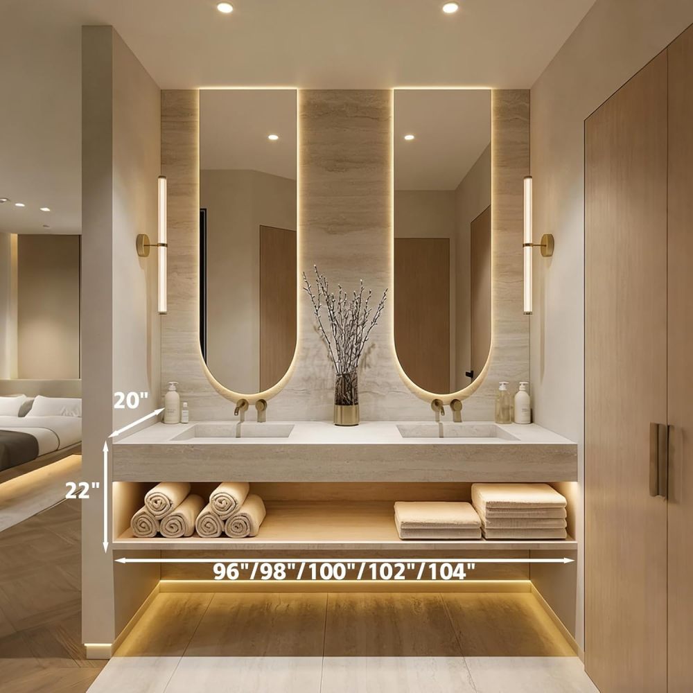Brown 104IN Double Bathroom Vanity with Sink - Wall-Mounted Bathroom Vanity | Luxurious Design | Equipped with 2 LED Smart Defogging Mirror | Marble Countertop | Multi-Layer Solid Wood