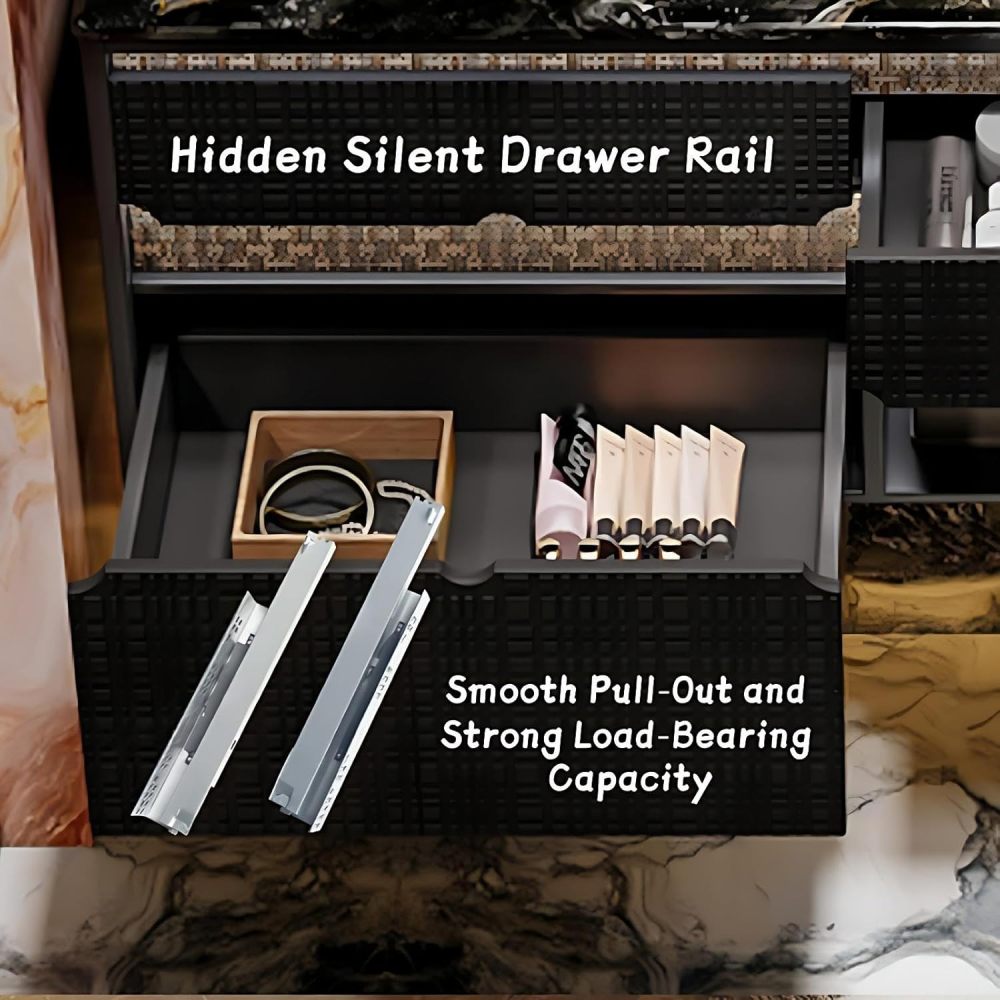 Modern Bathroom Vanity - with Sink and Anti-Fog Mirror | Black Textured Cabinet | with Gold Trim | Seamless Ceramic Basin | Soft-Close Drawers Hardware(SMART Mirror,84 in)